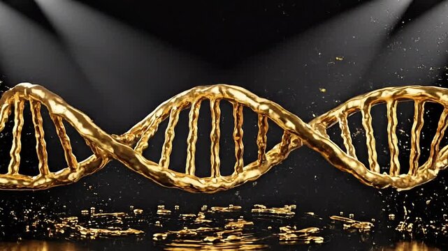 Elegant DNA double helix made of liquid gold slowly forming and rotating on a black reflective surface, studio lighting, high contrast, luxury aesthetic, smooth camera orbit, 4K premium look.