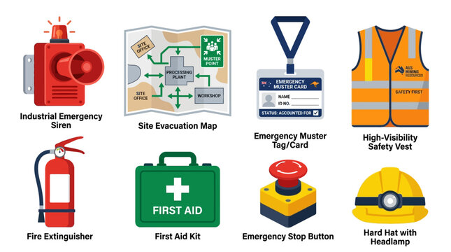 Diverse set of essential workplace safety equipment icons used for industrial site emergency evacuation planning procedures.