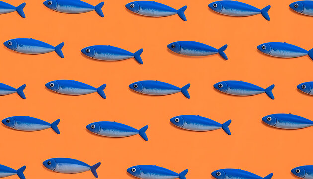 Seamless pixel art pattern of blue fish on an orange background, repetitive, retro gaming style, marine life theme