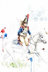 Obraz premium Watercolor painting depicts a dashing Napoleonic-era cavalry officer on horseback amidst a flurry of vibrant splashes and sketched figures.