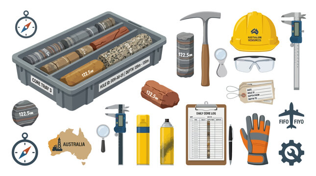 Detailed set of geological surveying tools and drill core samples arranged for professional mining industry analysis.