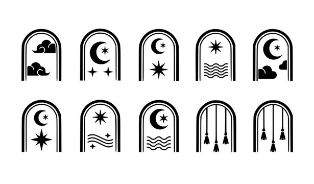 Black and white arch symbol set with clouds moons and tassel decorative vector collection
