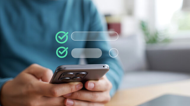Business professional using modern smartphone with digital checklist overlay for task management.