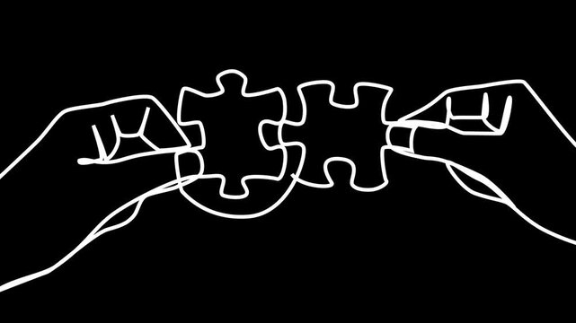 Two hands approach a puzzle piece. Ideal for teamwork or partnership concepts. Simple animation, clean visual style.