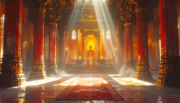 Serene temple interior bathed in golden light, spiritual ambiance, Buddha statue altar, ornate pillars, red carpet, divine enlightenment, meditation sanctuary