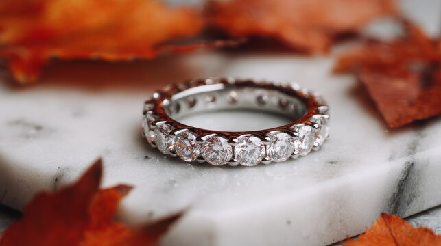 lab grown diamond eternity engagement ring on marble slab. Diamonds with autumn leaves in the background, timeless elegance. Affordable luxury.