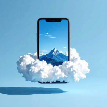 Smartphone displaying a mountain scene, floating on a cloud