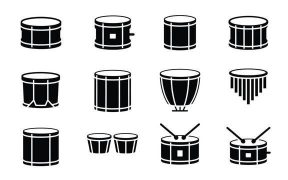 Drum set icons black and white vector illustrations various drum types and styles musical