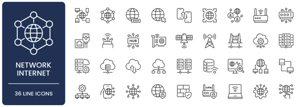 Network and internet line icon set. Collection of server infrastructure, cloud computing, data transmission and global connectivity outline vector symbols with editable stroke.