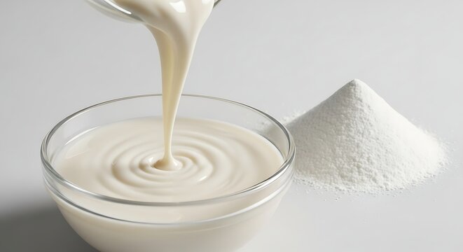 Allantoin raw material shown as a white powder alongside a glass bowl containing a creamy liquid solution for skin care formulation and cosmetics