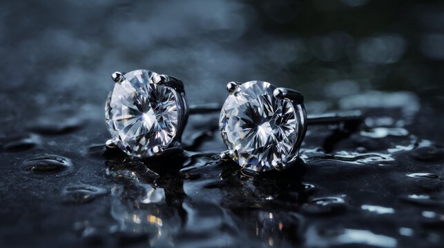 Lab grown synthetic diamonds earrings in round brilliant cut. Classic minimalist diamond stud earrings floating on reflective black glass, modern luxury jewelry editorial campaign horizontal banner