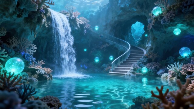Underwater cave with waterfall and glowing orbs