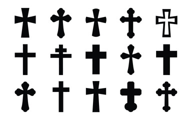 Fototapeta premium Collection of various christian cross symbols in black on white background for religious