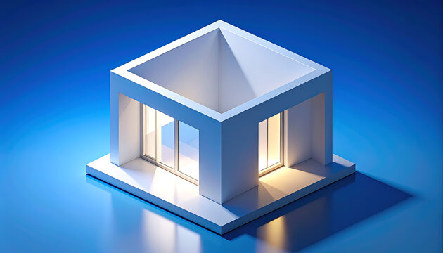 Simple isometric white building outline with glass windows on a blue gradient background, architectural concept or minimalist design element