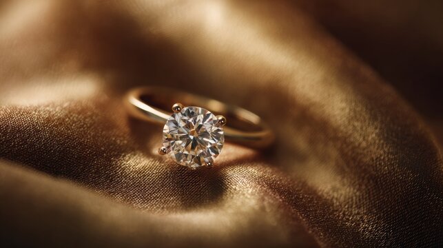 lab grown solitary engagement ring with band in yellow gold,  on bokeh blurred background brown velvet with warm autumn tones