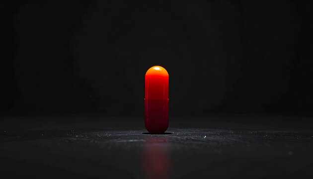 Single glowing red capsule on a dark, reflective surface, evoking themes of medicine, health, and treatment, with subtle light particles in the background