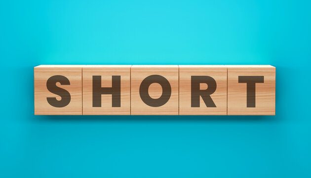 Short Block Letters: Wooden blocks spell out SHORT against a bright blue backdrop, ideal for conveying simplicity, concise information, or brevity in visual communications.