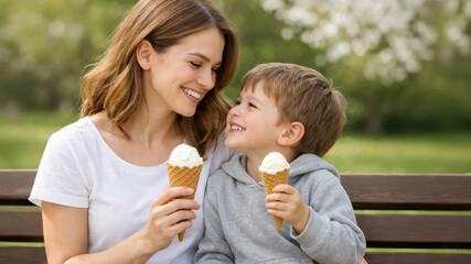 Fototapeta premium Happy mother and little son eating ice cream together on park bench, smiling and enjoying sweet treat on warm sunny day outdoors