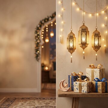 Elegant eid ul-adha display with hanging lanterns and string lights, wrapped gifts on wooden table against blurred arched entryway.