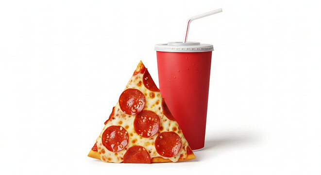A delicious pepperoni pizza slice and a refreshing drink with straw 