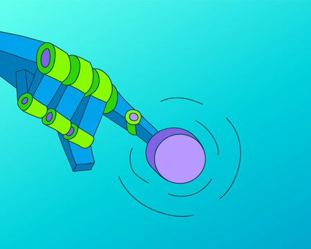 Robotic Arm Presses Button Futuristic Technology 3D Style Blue Green AI Illustration. Sci fi Digital Design Innovation Cyber Aesthetic Concept