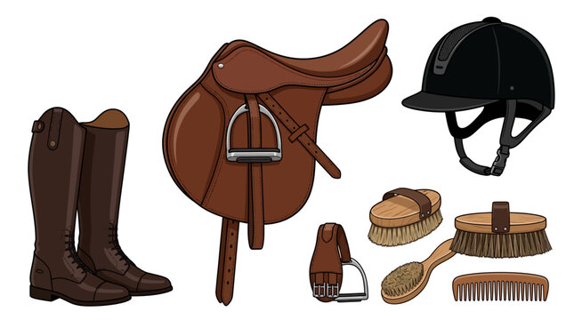 Brown leather horse saddle with riding boots helmet and various grooming brushes for equestrian sport activities