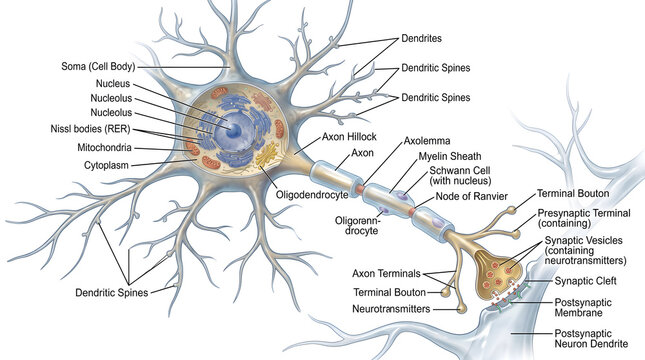 Anatomy of a myelinated CNS neuron showing soma with Nissl bodies, extensive dendritic arbor, axon hillock, oligodendrocyte‑formed myelin sheath, nodes of Ranvier and synaptic terminal boutons contact