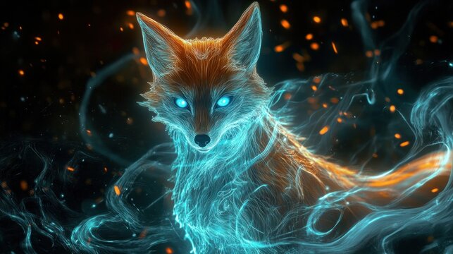 Mystical fox creature, fire and ice, ethereal glow, digital art
