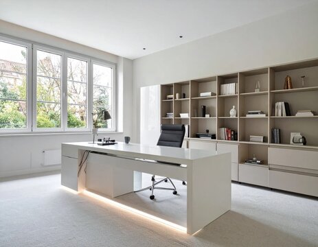 Modern minimalist office interior with white desk, black chair, and organized wooden shelving, professional workspace, corporate environment