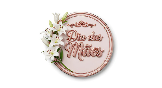 A floral Mother's Day badge with lily flowers and Portuguese text Dia das M&atilde;es. The circular badge has a decorative border and elegant typography.