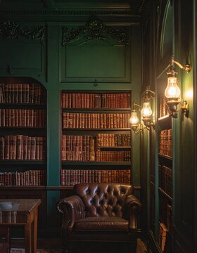 Classic library interior with green wooden walls, leather armchair, vintage books, and warm glowing wall lamps, scholarly study atmosphere