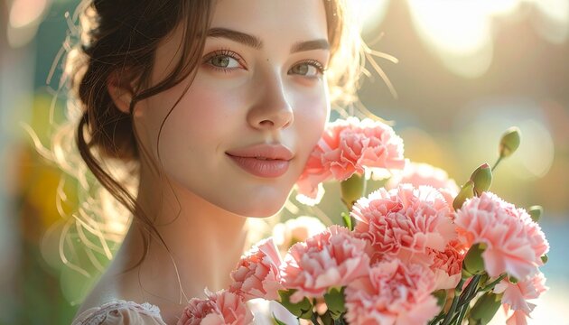 母の日 カーネーションの花束を持って微笑む若い女性