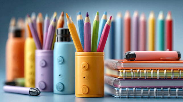 Colorful school supplies floating on abstract background with notebooks