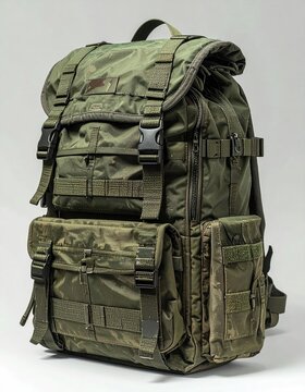 Rugged olive green tactical backpack with multiple compartments, straps, and buckles