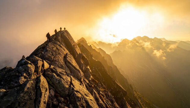 Silhouettes of mountaineers climbing steep rocky mountain ridge at golden hour, summit achievement, success and leadership, ambition and extreme sports adventure