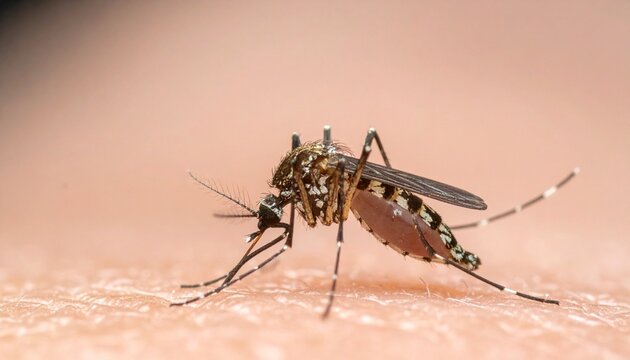 Close-up of mosquito perched on human skin, slender dark body with lighter leg markings, transparent wings flat over back, proboscis inserted feeding, vivid detail symbolizing disease transmission ris
