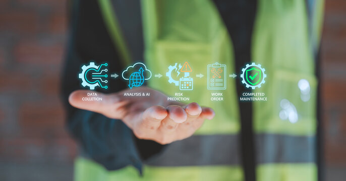 Predictive maintenance artificial intelligence data analysis risk prediction concept industrial worker showing holographic workflow flowchart smart factory condition monitoring automation technology