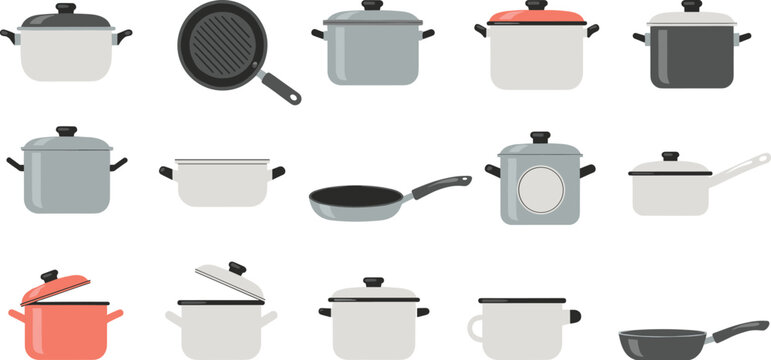 Flat vector illustration set of various kitchen cookware cooking pots frying pans and saucepans isolated on white background