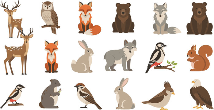 Clean flat vector illustration set of wild woodland forest animals including deer fox bear wolf and owl