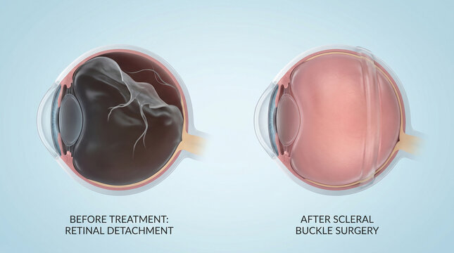 Retinal Detachment Before Treatment and After Scleral Buckle