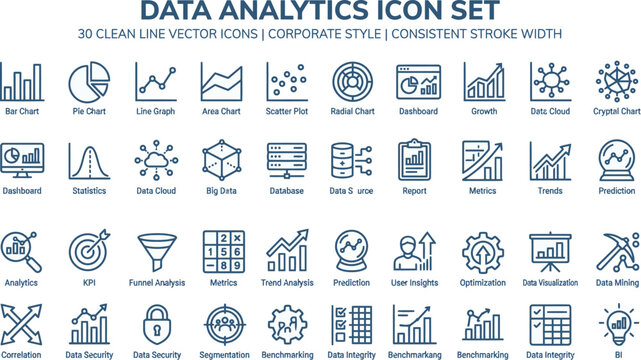 Data Analytics Icon Set: A collection of clean line vector icons representing various aspects of data analysis, providing visual aids for corporate-style presentations and reports.