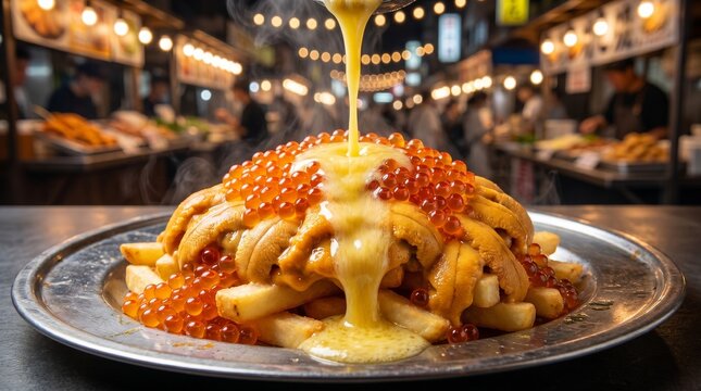 French fries with sea urchin and salmon roe