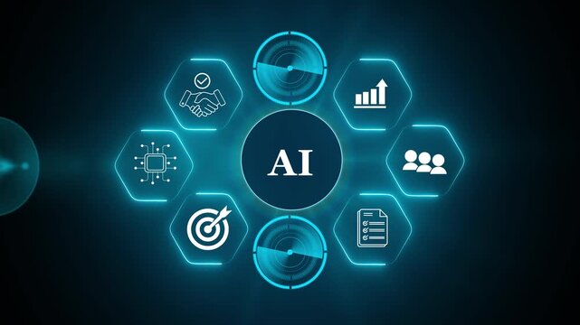 AI powered recruitment and automated hiring process. Selecting AI interface with CV icons. Automated recruitment process, smart hiring system and talent selection using artificial intelligence,