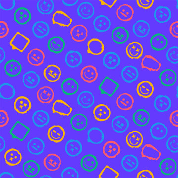 Smile Emoji Pattern Grunge Style Colorful Faces Purple Background Design emoji emotion theme grunge brush style colorful palette expressive faces seamless pattern background design for youth branding 