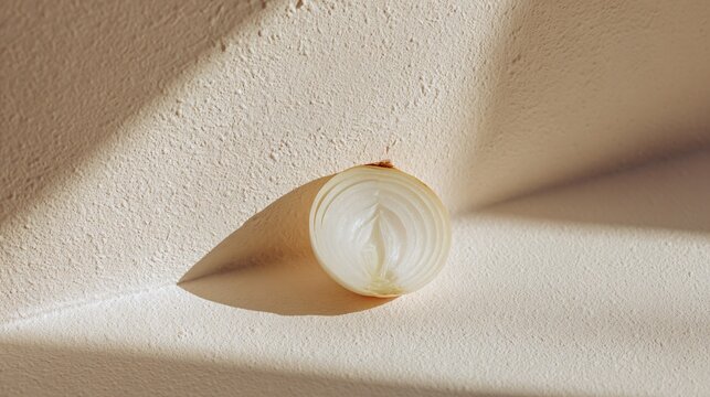Minimal scene with a single onion slice placed on a pastel cream surface, large empty space, soft shadows