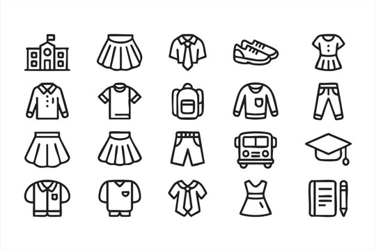 School uniform and student clothing icon set with backpack bus graduation cap and apparel elements for education systems and retail catalogs