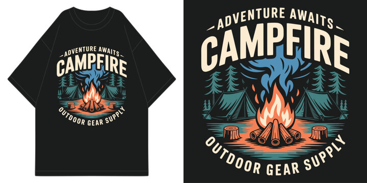 vintage campfire adventure awaits t-shirt design with campfire dual tents forest pine trees and wood stumps retro style t shirt design vector illustration artwork