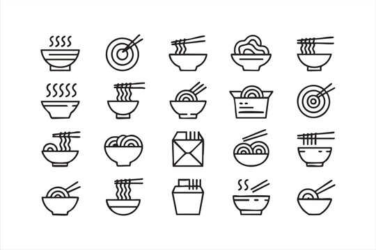 Asian cuisine and ramen noodle icons featuring bowl chopsticks hot soup and takeaway box for food branding and menus