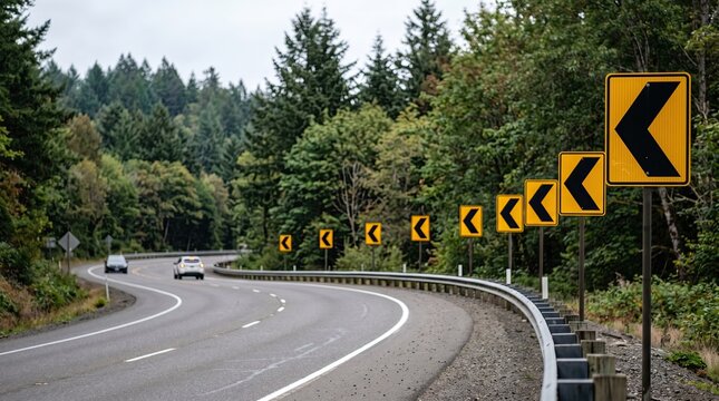 Curved road with warning signs modern technology in traffic management systems