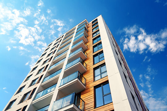 Modern high-rise apartment building exterior with glass balconies under bright blue sky and sunlight